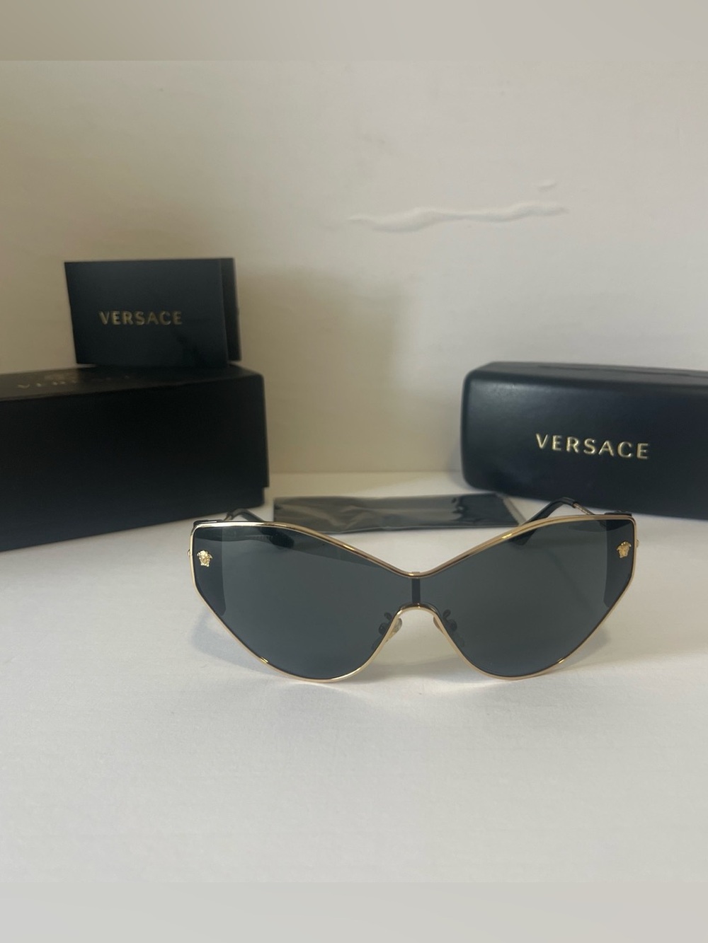 Versace Black Shield Sunglasses with Gold Trim